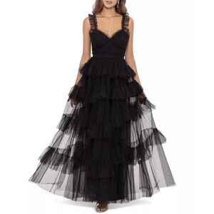 NWT Betsy & Adam Tulle Ruffled Tiered Gown in Black Sz. 8
